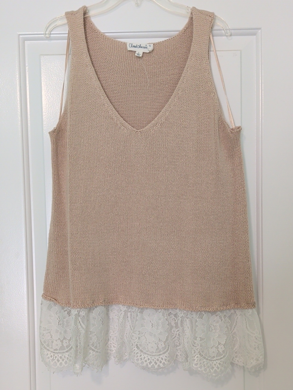 Cloud Chaser Beige Knit Tank with Lace Hem